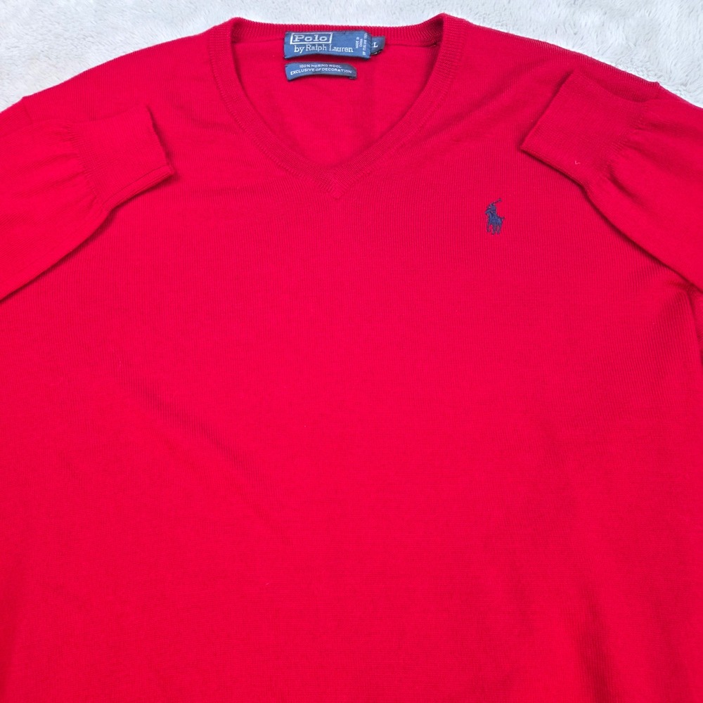 Vintage‎ Polo Ralph Lauren Italian Merino Wool V-Neck Sweater Mens Large Red